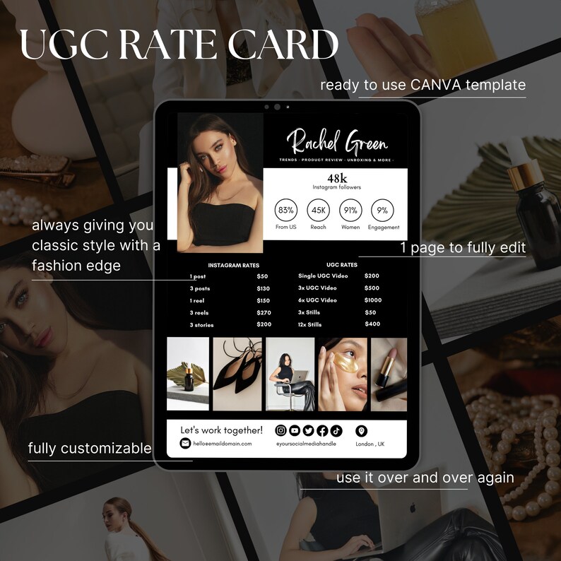 Rate Card Template for UGC Creators and Influencers in Sleek Black and White Preset Influencer