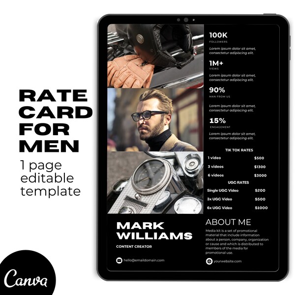 Black and White Influencer Rate Card for Men | Sleek Portfolio for UGC Man Creator | Media Kit for Influencer | Minimal Tik Tok Rate Card