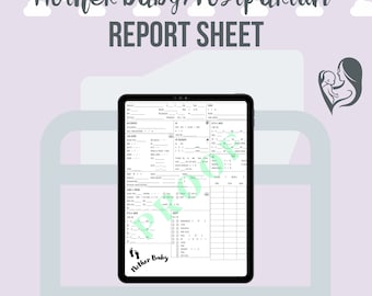 May include: A digital tablet displaying a printable mother-baby postpartum report sheet. The sheet includes sections for vital signs, medications, and other important information. The text "Mother-Baby/Postpartum Report Sheet" is at the top of the sheet. The text "Designed By Momma Vig RN" is at the bottom of the sheet.