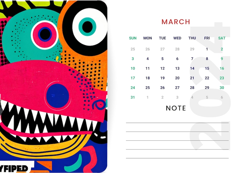 Printable Calendar 2024 Blue Colorful Modern 2024 Graffiti Hiphop A4