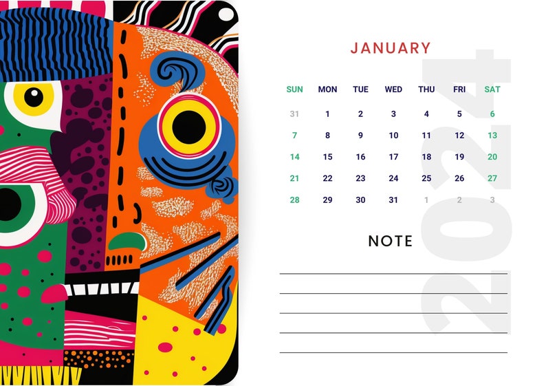 Printable Calendar 2024 Blue Colorful Modern 2024 Graffiti Hiphop A4