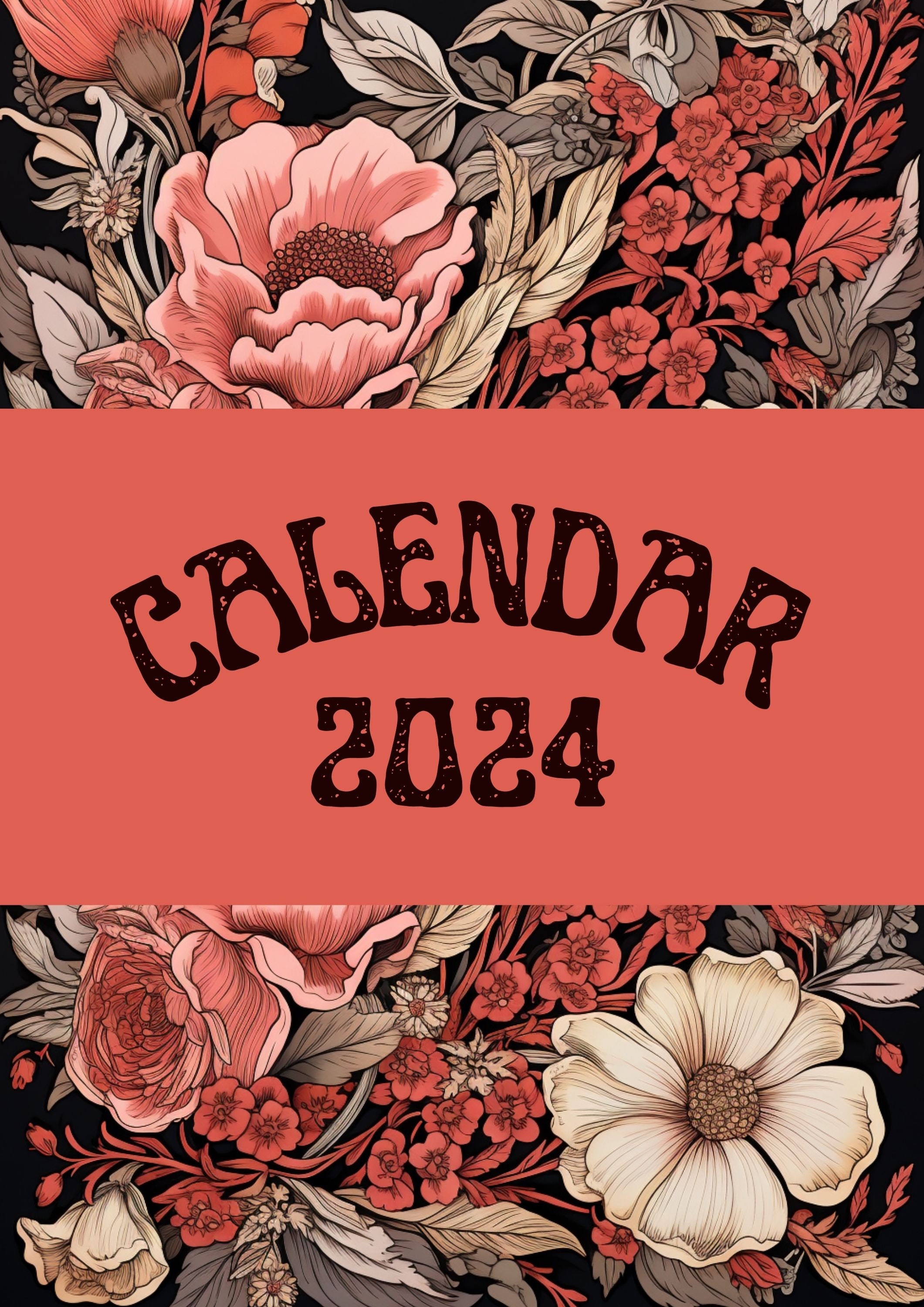 Printable Calendar 2024 Cute Floral Rustic Illustrated Flower A4