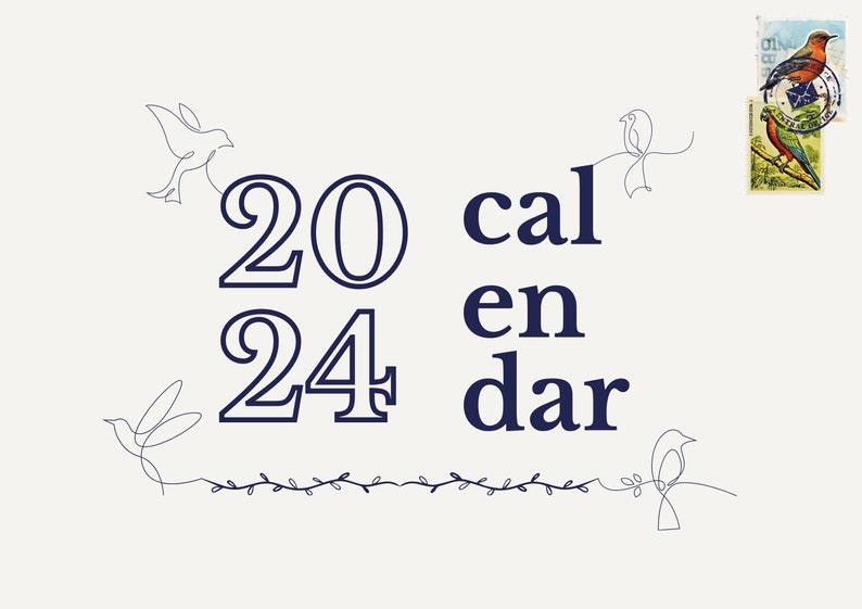 Printable Calendar 2024 Vintage Bird Stamp Retro Elegant Etsy