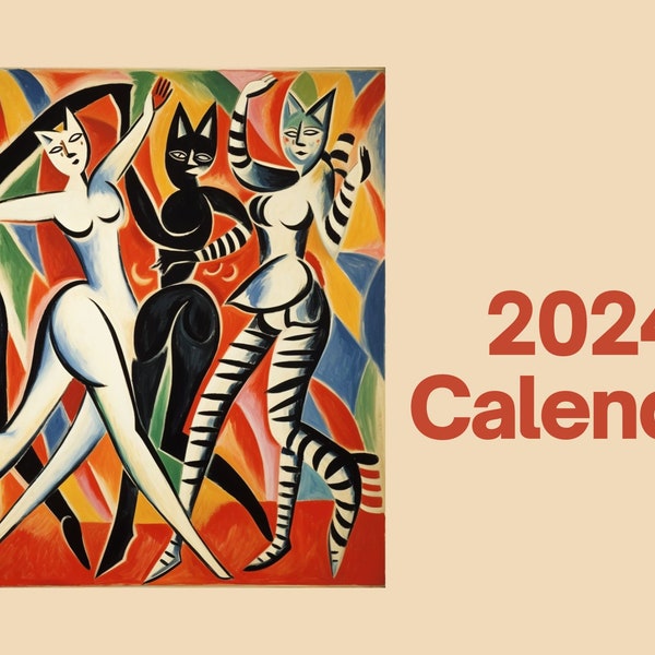 Printable Calendar 2024 | Exotic Hipster Colorful Cat Illustrations | A4 Landscape | Sunday Start | Minimalist | Download | Wall Digital PDF