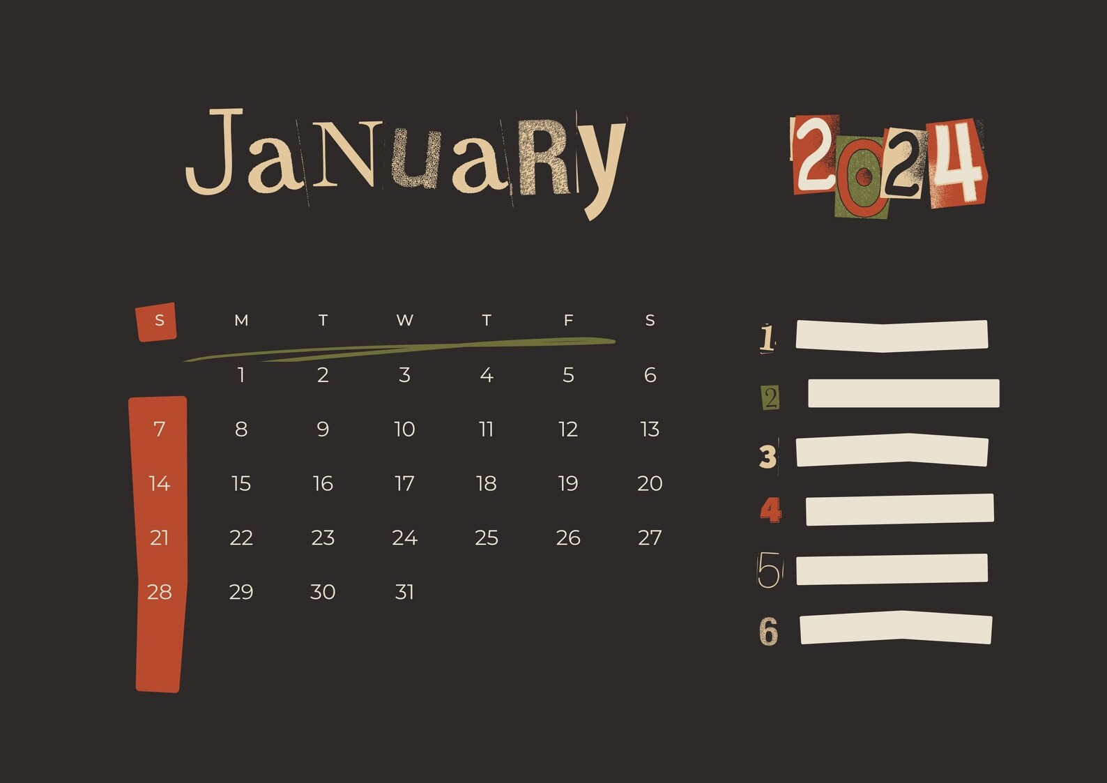 Printable Calendar 2024 Black Colorful Textured Brutalist 2024 Graffiti