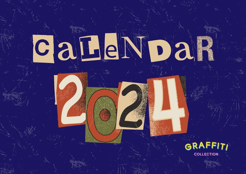 Printable Calendar 2024 Blue Colorful Modern 2024 Graffiti Hiphop A4