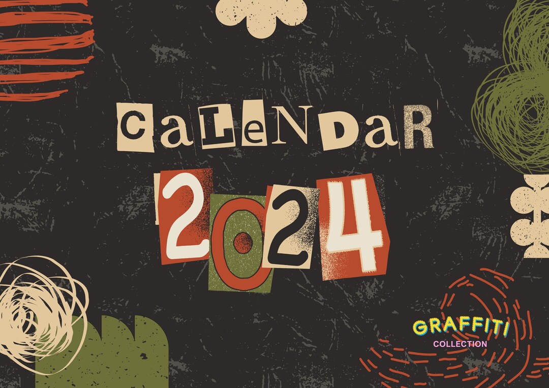 Printable Calendar 2024 Black Colorful Textured Brutalist 2024 Graffiti