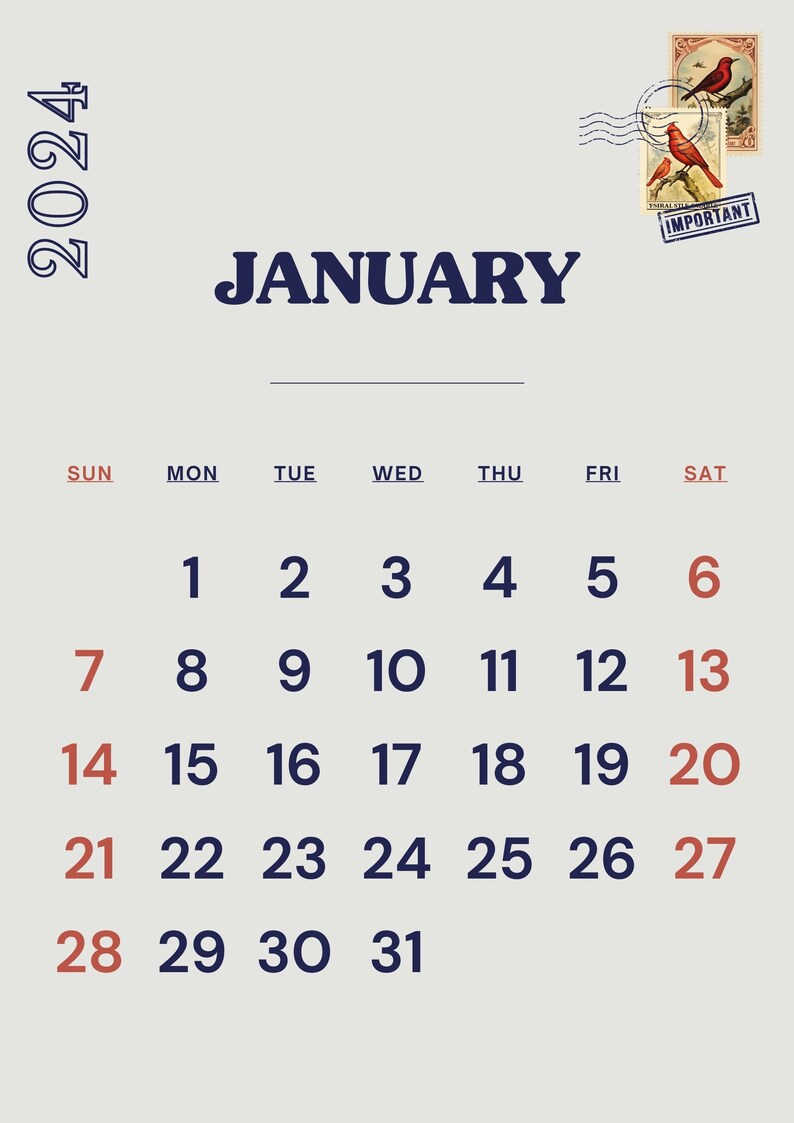 Printable Calendar 2024 Vintage Bird Stamp Retro Elegant A4 Portrait