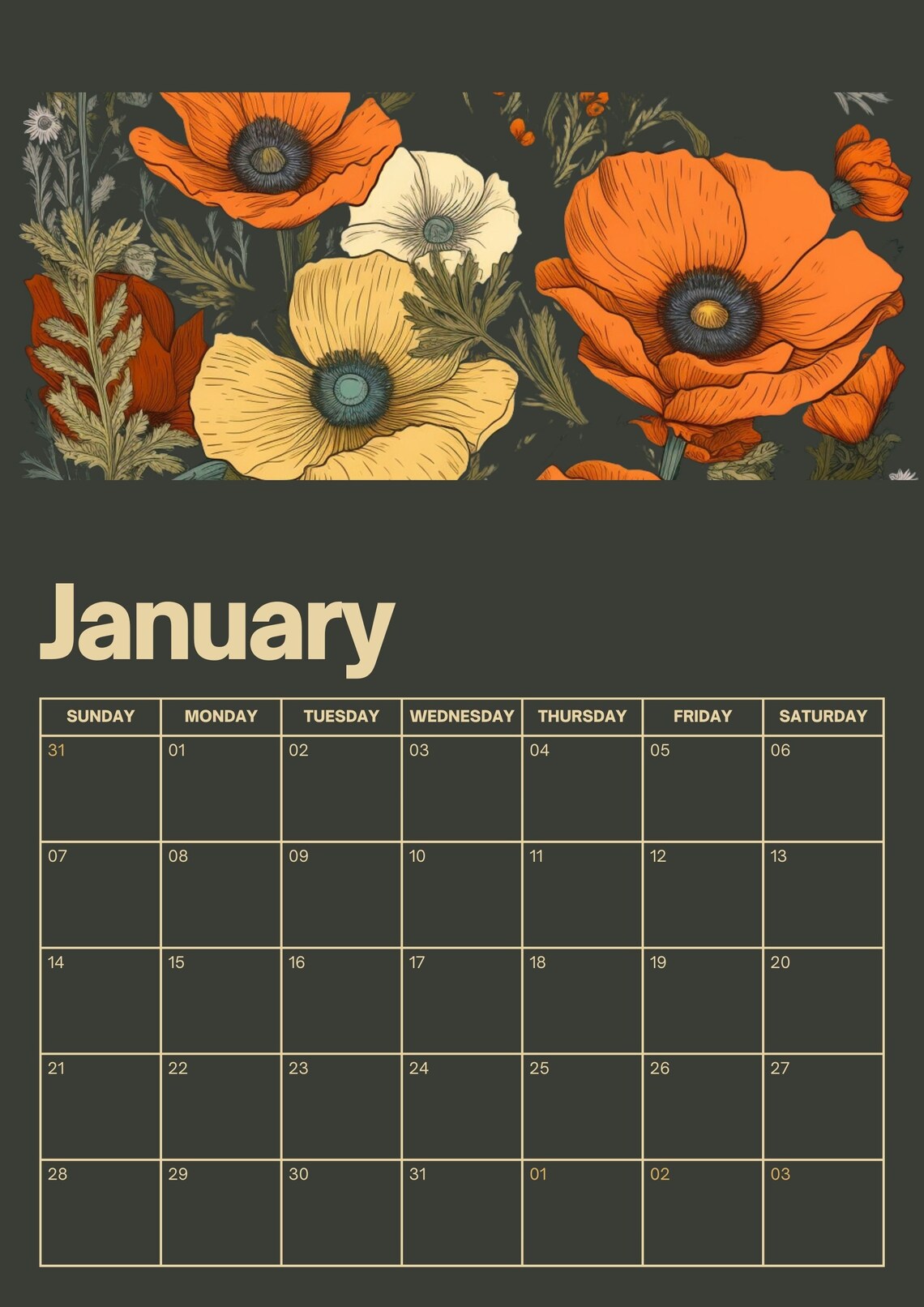 Printable Calendar 2024 Cute Floral Rustic Illustrated Flower A4 Printable Calendar 2024 Cute Floral Rustic Illustrated Flower A4