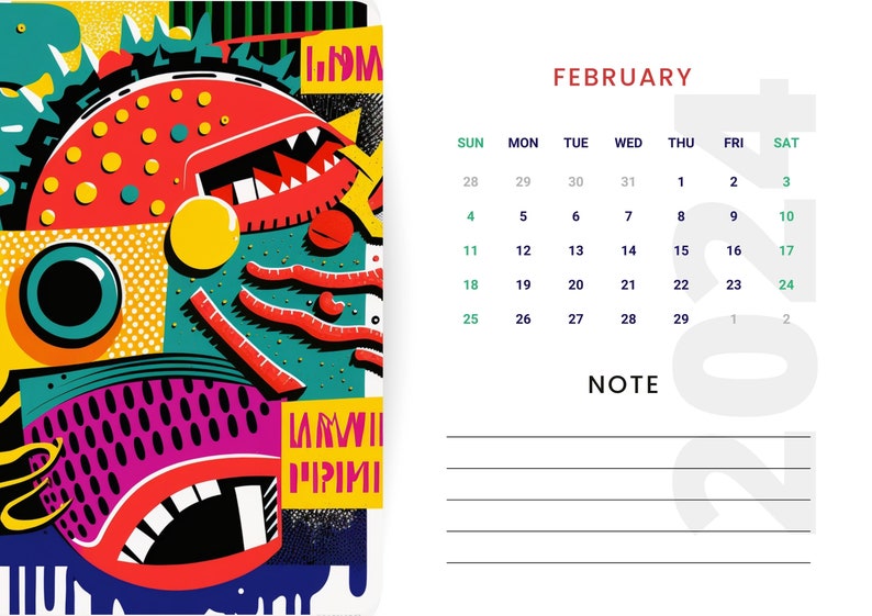Printable Calendar 2024 Blue Colorful Modern 2024 Graffiti Hiphop A4