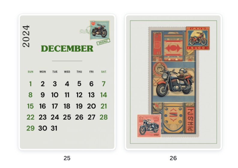 Printable Calendar 2024 Vintage Motorcycles Models Stamp Minimalist A4