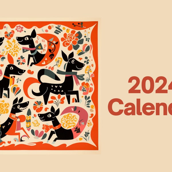 Printable Calendar 2024 | Exotic Hipster Colorful Dog Illustrations | A4 Landscape | Sunday Start | Minimalist | Download | Wall Digital PDF