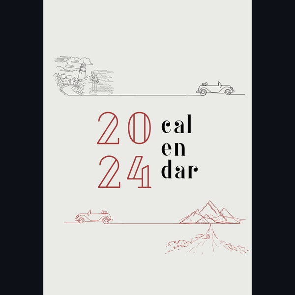 Printable Calendar 2024 | Old Classic Automobiles Minimalist Vintage  | A4 Portrait | Sunday Start | Minimalist | Download | Digital PDF