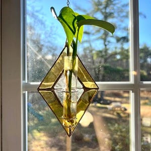 May include: A stained glass diamond-shaped plant hanger with a clear glass tube holding a green plant. The diamond is gold-colored and hangs from a silver chain. The plant has large, green leaves. The background is a window with a sunny outdoor view.