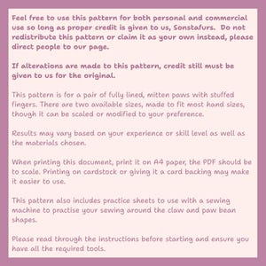 May include: A lilac-colored document with black text detailing a sewing pattern for mitten paws. The text includes instructions for use, sizing, and printing guidelines. The pattern is for personal and commercial use with proper credit.