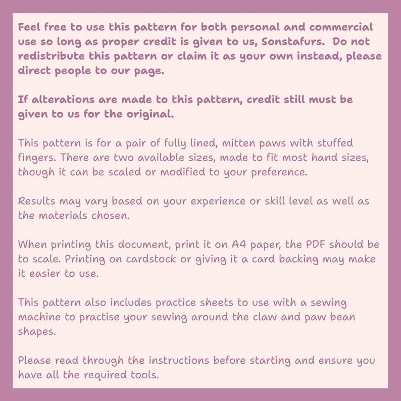 May include: A lilac-colored document with black text detailing a sewing pattern for mitten paws. The text includes instructions for use, sizing, and printing guidelines. The pattern is for personal and commercial use with proper credit.
