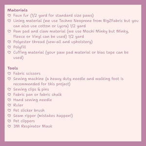 May include: A list of materials and tools for a sewing project, displayed on a light purple background. The text includes items like faux fur, lining material, polyester thread, fabric scissors, a sewing machine, and a 3M respirator mask.