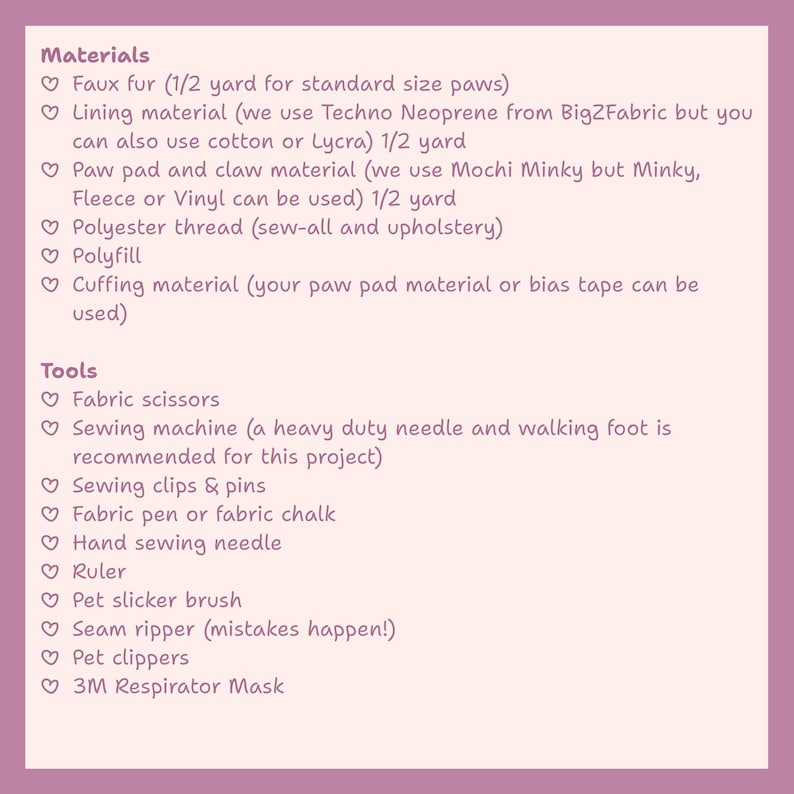 May include: A list of materials and tools for a sewing project, displayed on a light purple background. The text includes items like faux fur, lining material, polyester thread, fabric scissors, a sewing machine, and a 3M respirator mask.