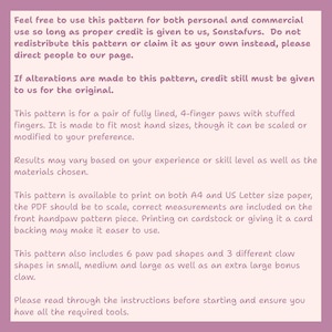 May include: A lilac-colored page with black text detailing a sewing pattern for fully lined, 4-finger paws. The pattern is designed to fit most hand sizes and includes various paw pad and claw shapes. Instructions are provided.