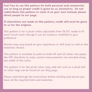 May include: A light purple background with black text detailing a plush collar pattern. The pattern is adjustable from 18-27 inches and is designed for fursuit necks. Instructions are included for printing on A4 and US Letter paper.
