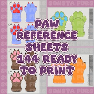 Könnte beinhalten: Digitale Pfoten-Referenzbögen mit verschiedenen Farbkombinationen. Der Text lautet „PAW REFERENCE SHEETS 144 READY TO PRINT“. Das Bild zeigt mehrere Pfotenillustrationen in verschiedenen Farben, darunter Blau, Grün, Braun und Orange.