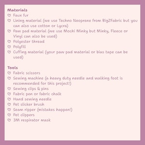 May include: A list of sewing materials and tools on a purple background. The materials include faux fur, lining material, paw pad material, polyester thread, polyfill, and cuffing material. The tools include fabric scissors, a sewing machine, sewing clips, a fabric pen, a hand sewing needle, a pet slicker brush, a seam ripper, pet clippers, and a respirator mask.