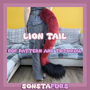 May include: A red and black lion tail attached to a person's pants. The tail is long and fluffy, with a red body and a black tip. The text "LION TAIL" and "PDF PATTERN AND TUTORIAL" are visible.