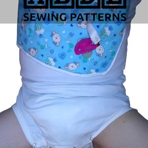 May include: White baby bodysuit with poppers at the bottom. The bodysuit has a blue bib with a cartoon design and the text "ABDL SEWING PATTERNS".