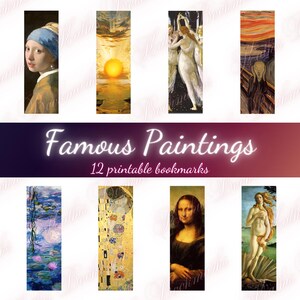 Pinturas famosas, 12 marcadores para impressão, marcadores digitais, download instantâneo, uso comercial incluído Até 500 itens físicos, PDF, PNG