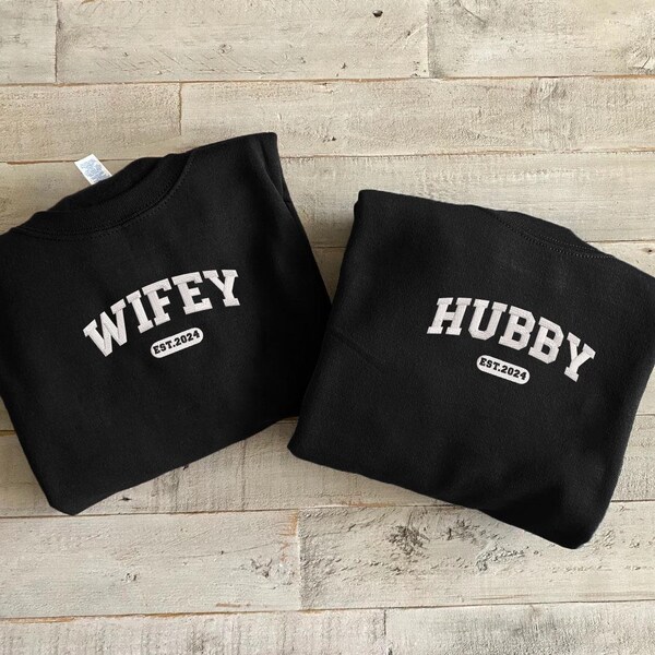 Hubby Wifey Embroidered Sweatshirts, Personalized Engagement Gift For Bride, Trendy Groom Wife, Honeymoon Gift, Bridal Party EH128-129.C