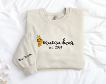 Custom Mama Bear With Kid Names on Sleeve Embroidered Sweatshirts, Personalized Mama Bear, New Mom Gift, Morther's Day Gift EH605.C