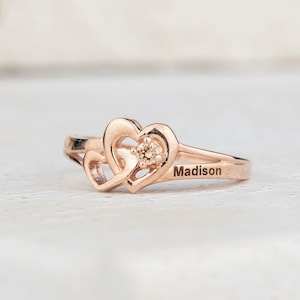 Personalized Sterling Silver Heart Ring: Custom Birthstone Name Engraved, Christmas Gifts