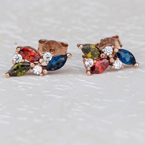 Ruby Cluster Stud Earrings: Silver Drop Cut Birthstone Jewelry