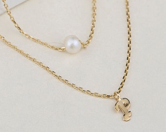 Layered Pearl Initial Necklace, Sterling Silver Letter Pendant, Personalized Gift for Her