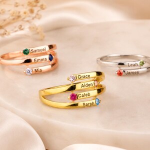 Anillo personalizado con nombre y piedra de nacimiento (2, 3 o 4), anillo espiral para madres, anillo familiar de plata de ley, regalo personalizado grabado para mamá.