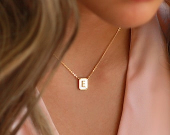 Dainty Gold Letter Necklace | Mother of Pearl Necklace | Gold Initial Necklace | Initial Tag Necklace | Square Letter Necklace Mom Gift
