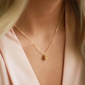 May include: A gold chain necklace with a small, textured, gold pendant.