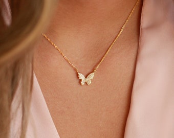 Butterfly Necklace | Gold CZ Accented Butterfly Necklace | Monarch Butterfly Jewelry | Gift for Girls or Women