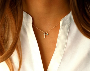 Collier petite croix + breloque turquoise | Argent | Collier croix en or femme | cadeaux de confirmation pour fille | Collier de communion | Cadeau de la foi