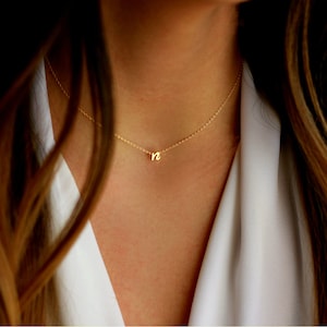 Puede incluir: Un delicado collar dorado con un peque&ntilde;o colgante con la letra "n" en min&uacute;scula. El collar se lleva alrededor del cuello, con la cadena visible sobre una blusa blanca y cabello casta&ntilde;o.