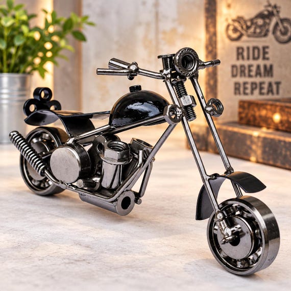Upcycled Metal Motorcycle Sculpture, Handmade Biker Decor, Man Cave Gift