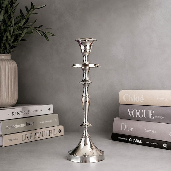 Handmade Vintage Nickel Plated Brass Candlestick, Mid Century Silver Taper Candle Stand with Personalized Gift Note Option