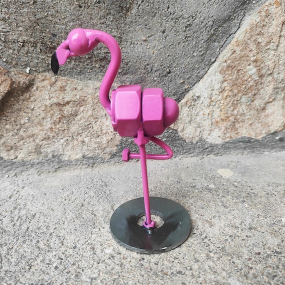 Metal Flamingo Figurine Upcycled Scrap Metal Art Pink Flamingo Sculpture Reclaimed Bolt and Nut Desk Decor Unique Flamingo Gift for Her