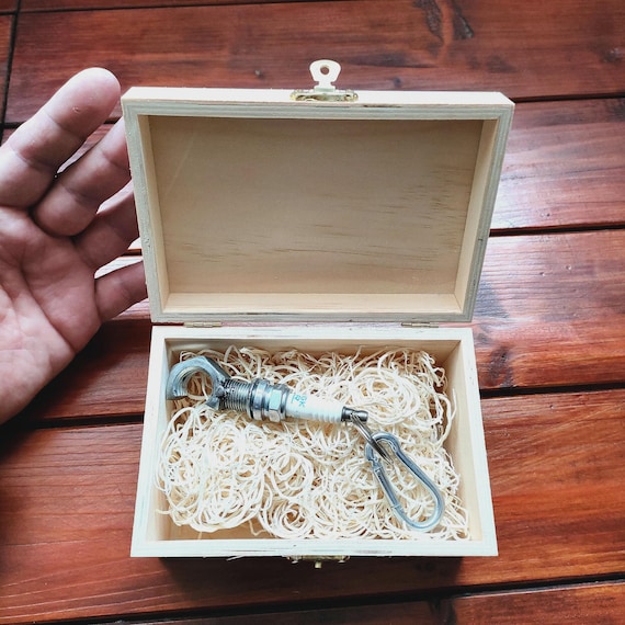Box Gift for Men, Spark Plug Keychain Bottle Opener Keyring, Welded Metal Art, Car Guy Gift for Men, Wooden Box Gift, Men Cave Essentials