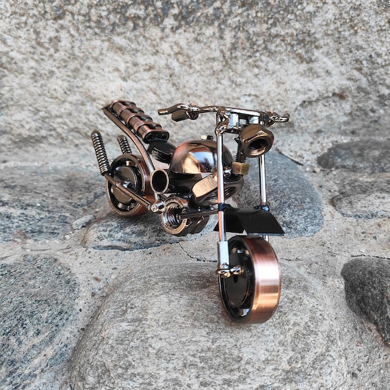 Welded Metal Motorcycle Model, Nuts and Bolts Chopper Sculpture, Steampunk Scrap Metal Art, Custom Biker Office Desk Decor,Gift for Motorist