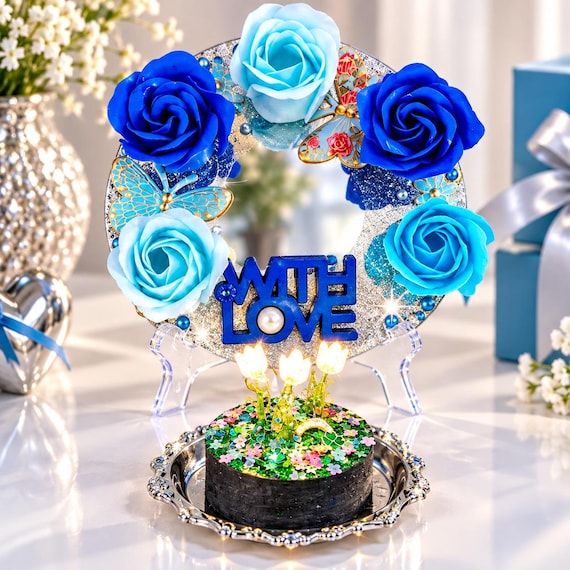 Royal Blue & Aqua Roses Mirror Decor Set Lighted Tulip Garden Scene  Vintage Silver Tray  Sparkle Centerpiece  Romantic Gift
