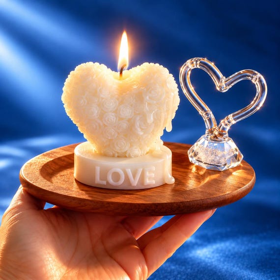 Wooden Heart Candle Tray with Crystal Heart, Romantic Home Decor, Handmade Love Centerpiece, Valentine Gift