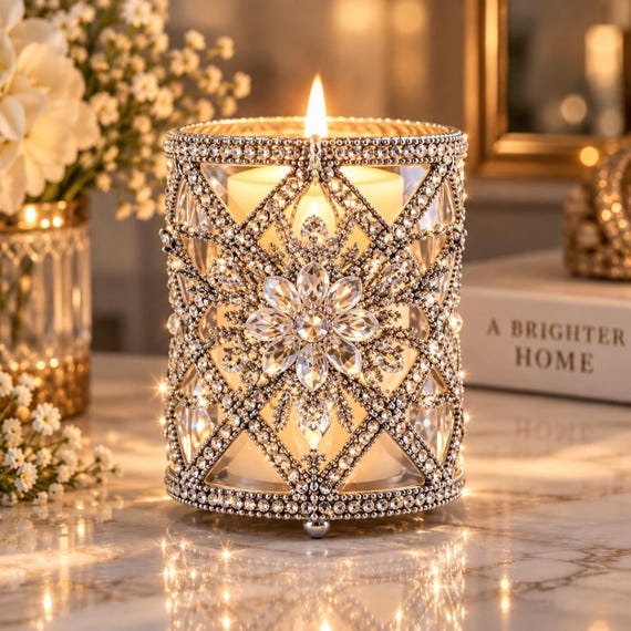 Silver Crystal Candle Holder, Star Flower Design, Decorative Taper and Tealight Holder, Art Deco Home Decor, Luxury Gift
