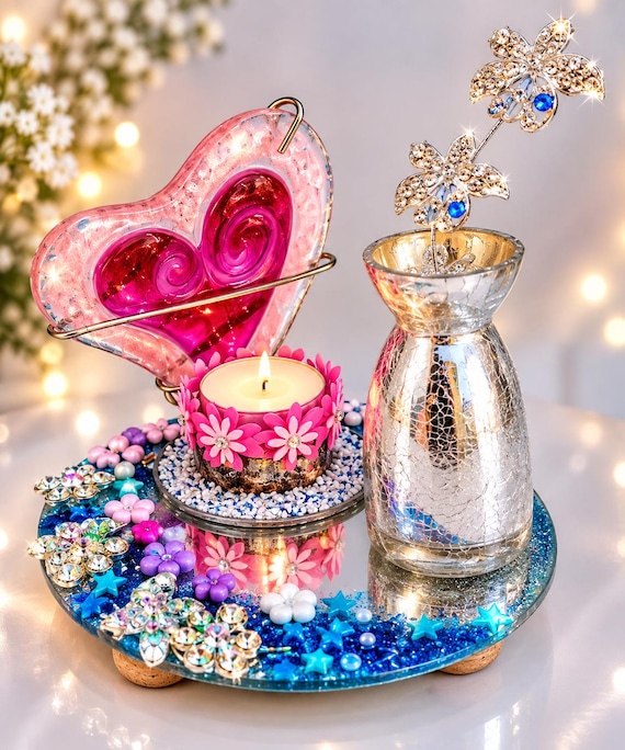 Chic mirror display set + Stained Glass Heart & Vintage Vase Centerpiece Decor Handmade Mirrored Candle Tray Magical Sparkle Effect