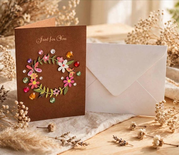 Handmade Floral Card, Wooden Flower, Rhinestone Detail, Just For You Greeting
